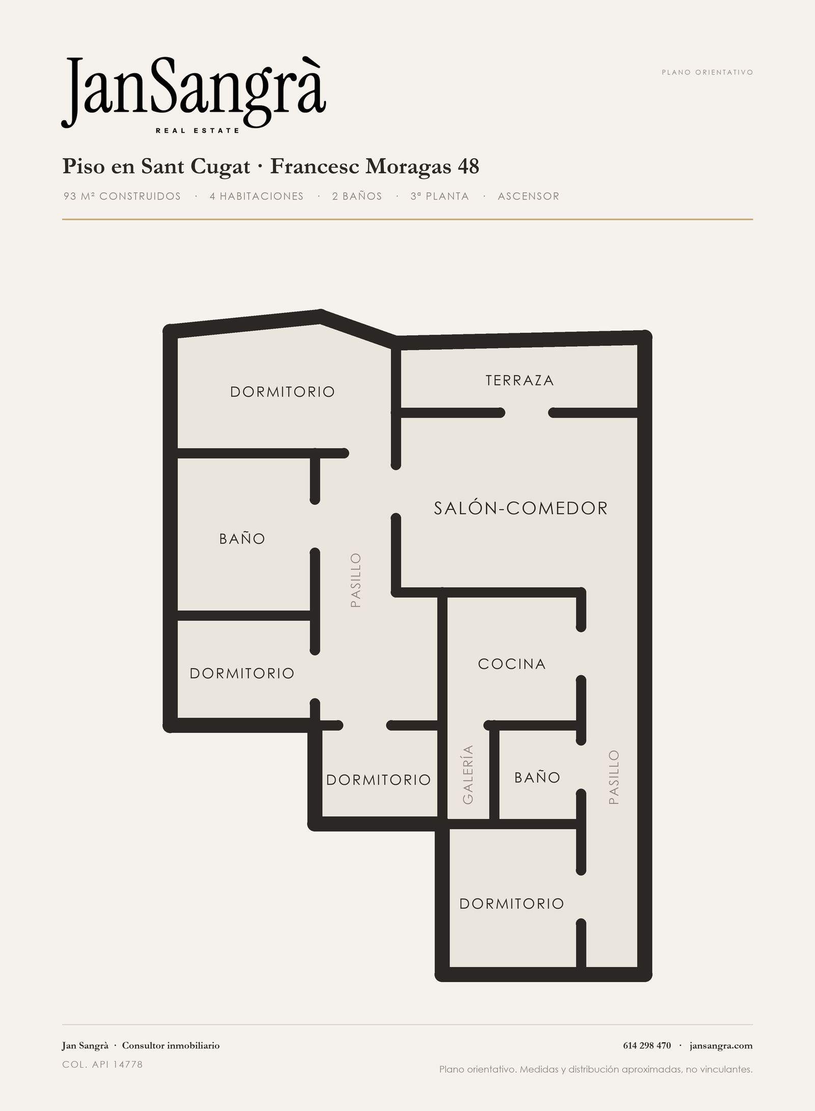 Plano orientativo del piso en Francesc Moragas 48, Sant Cugat: 4 habitaciones, 2 baños, salón-comedor, cocina y terraza