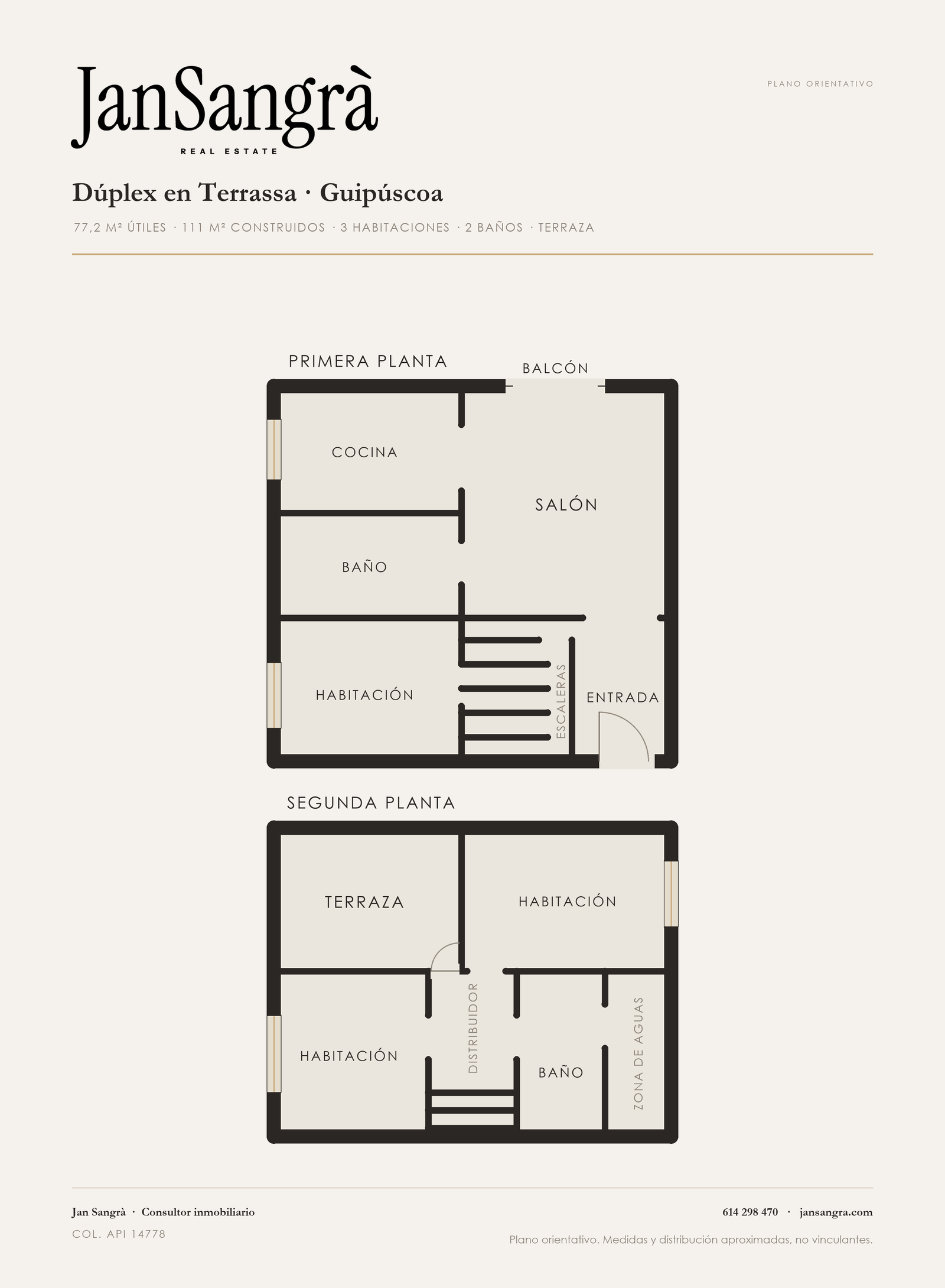 Plano orientativo del dúplex en Torre-sana, Terrassa: primera planta con salón, cocina, baño y dormitorio principal; segunda planta con dos habitaciones, baño, zona de aguas y terraza